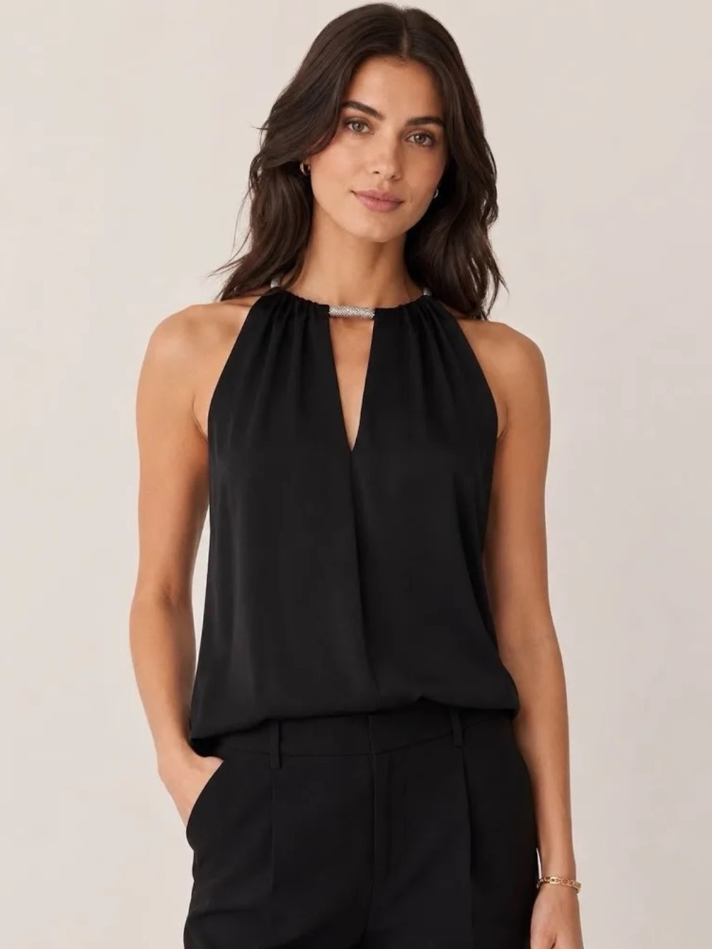 Veronica Beard Black Kusumi Halter Camisole with Silver Rhinestone Neck Bar